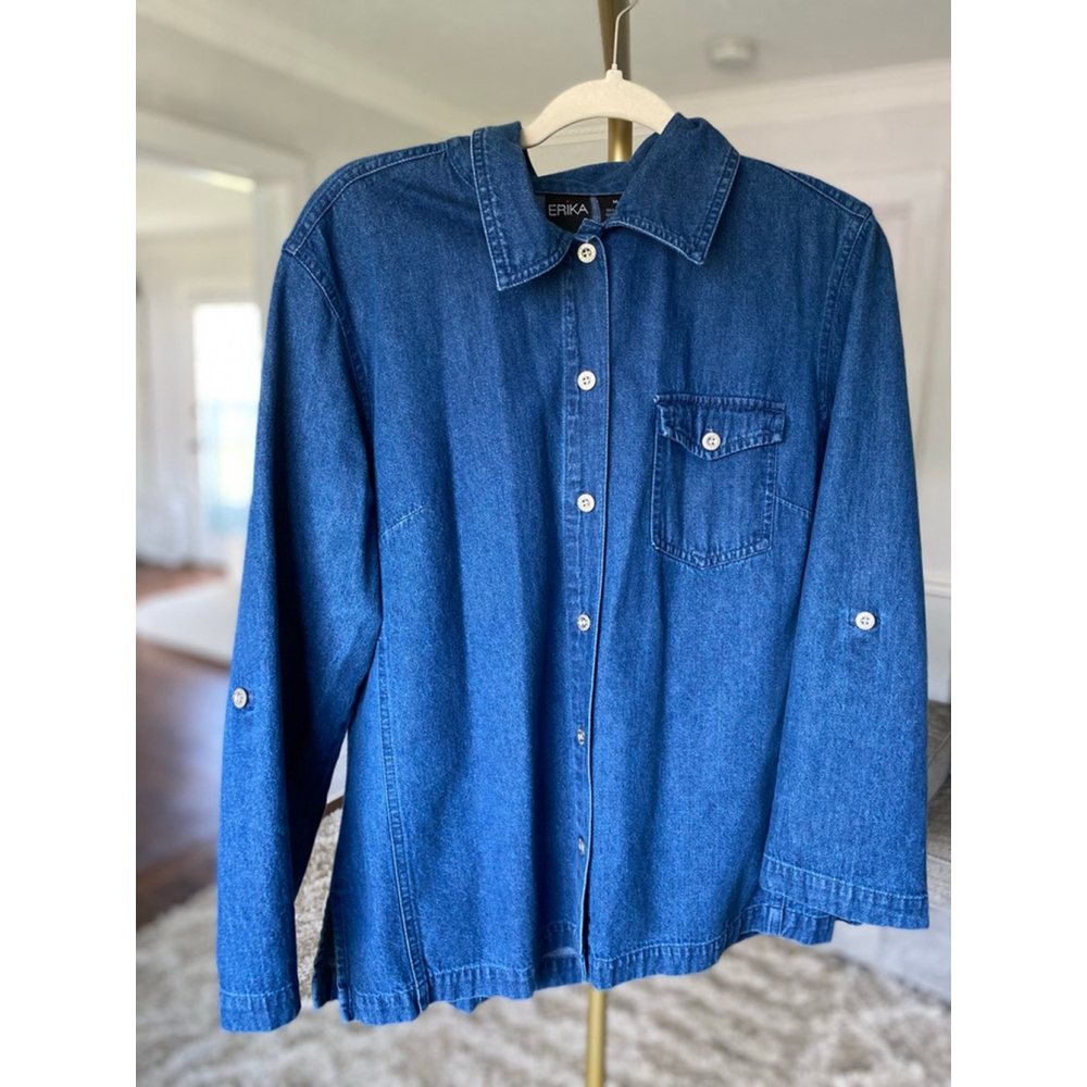 Vintage Erika Denim Button Up Shacket Classic Americana Retro Cowgirl Dark Wash - Picture 2 of 6
